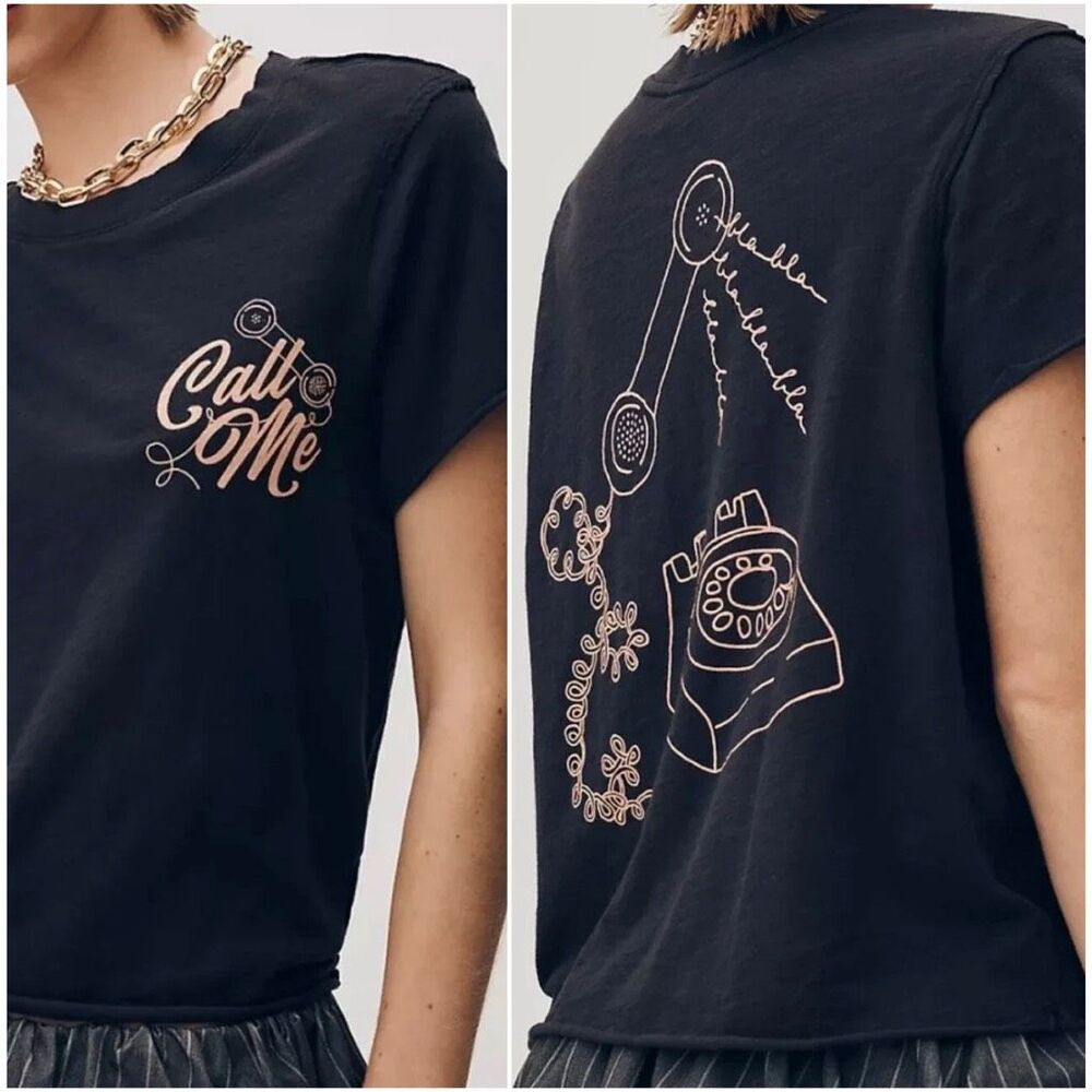 Anthropologie Maeve black call me Graphic Short Sleeve Tee Cotton Xs NEW